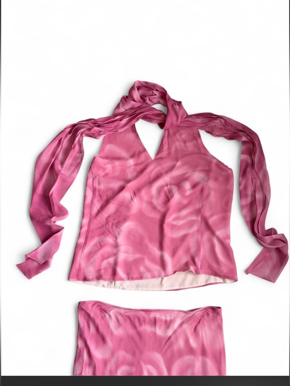 Vintage Y2K Express 100% Silk Pink Rose Halter Top Midi Skirt 2 Piece Set L - Picture 3 of 9